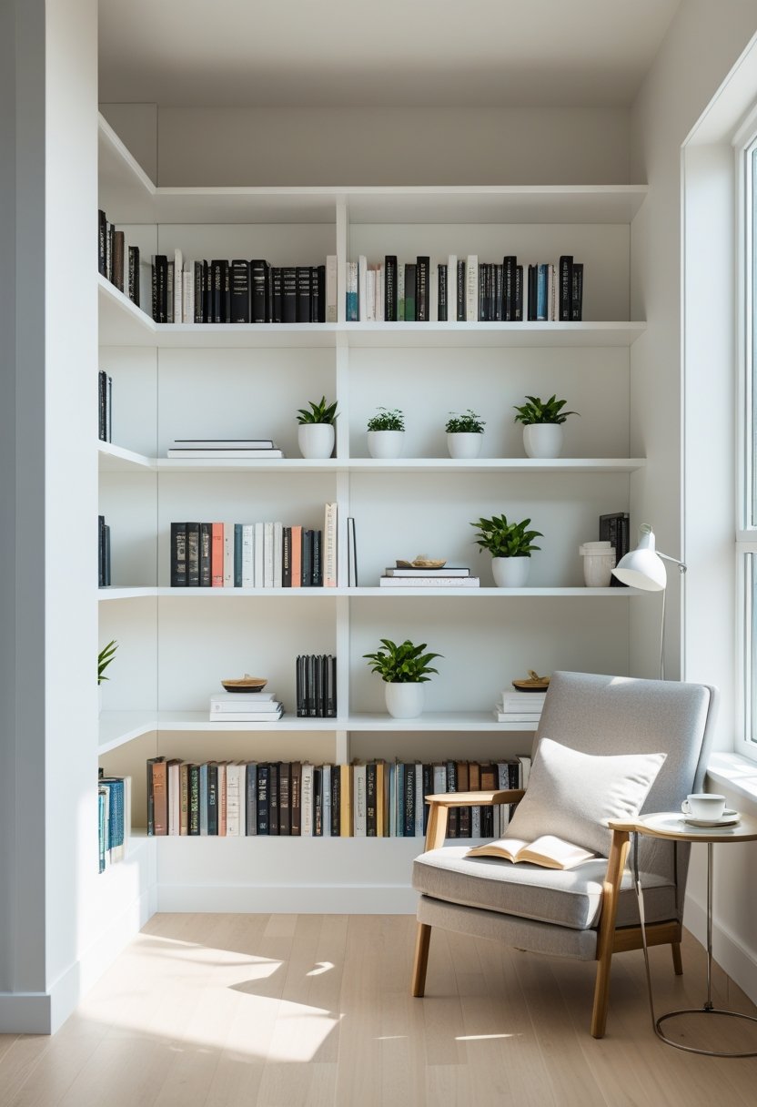 A bright corner of a room with a white bookshelf filled with books and plants, a comfortable chair, and a small table with a lamp.